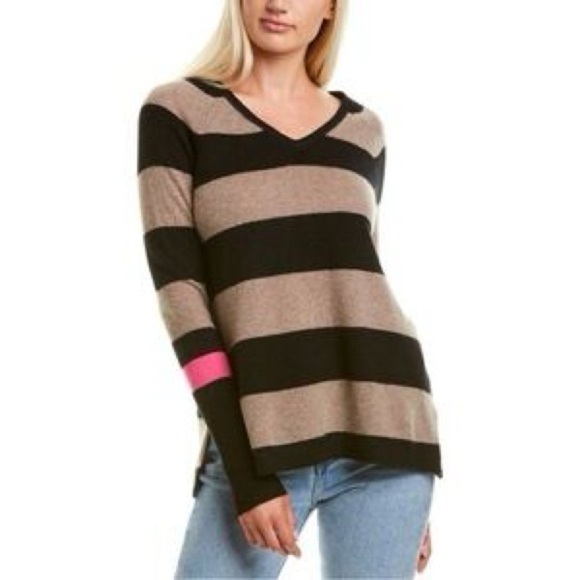 LISA TODD 100% Cashmere Striped Sweater V-Neck Beige Black Pink Soft Cozy PM - Picture 1 of 7